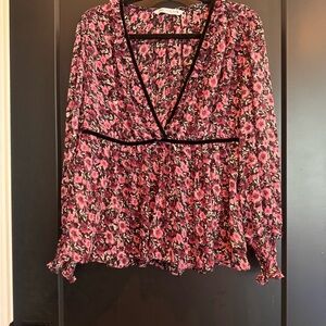 Zara Pink Floral Blouse with Black Accents
